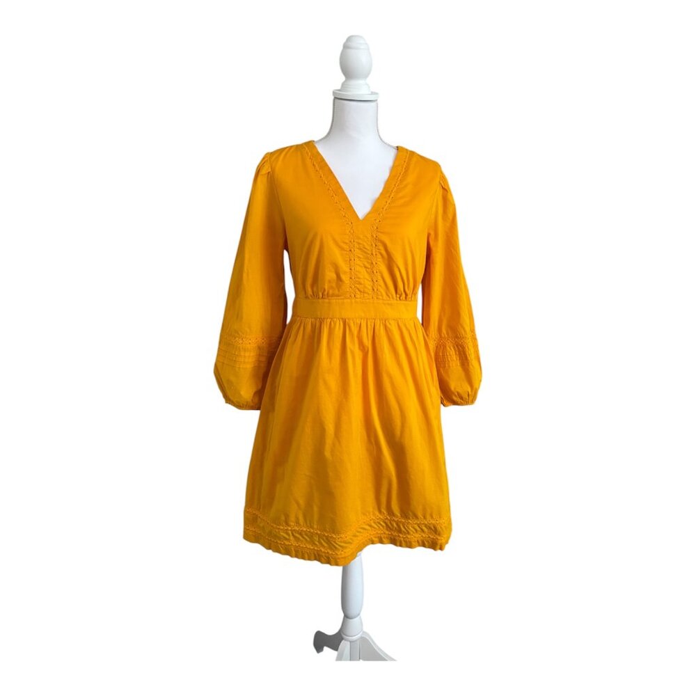 J. Crew Factory Marigold Yellow 100% Cotton Dress, Embroidered Crochet Details-S